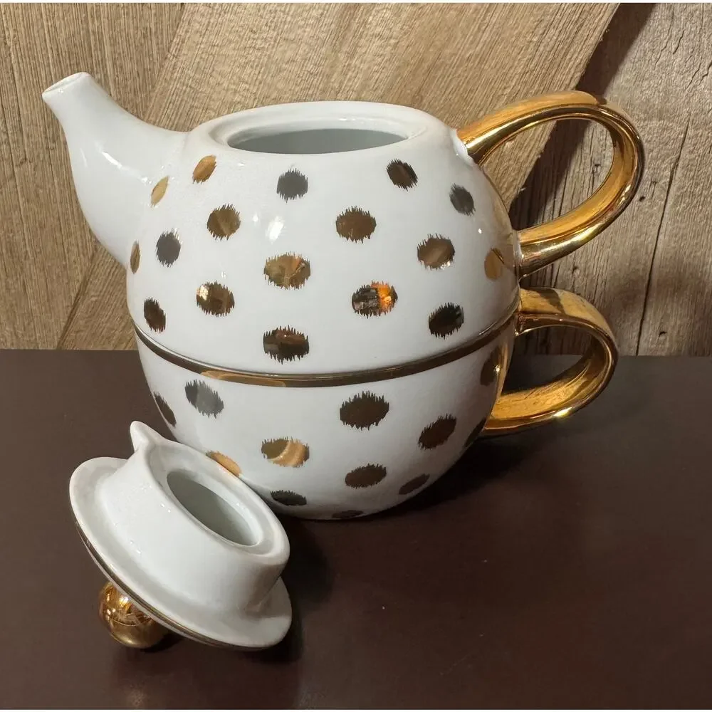Wonder White With Gold Polka Dot Tea for One Teapot Cup Set Dishwasher Safe